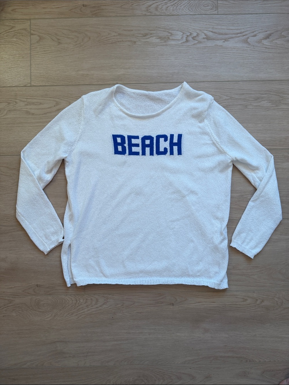 Crewneck Beach Sweater in White with Blue Logo